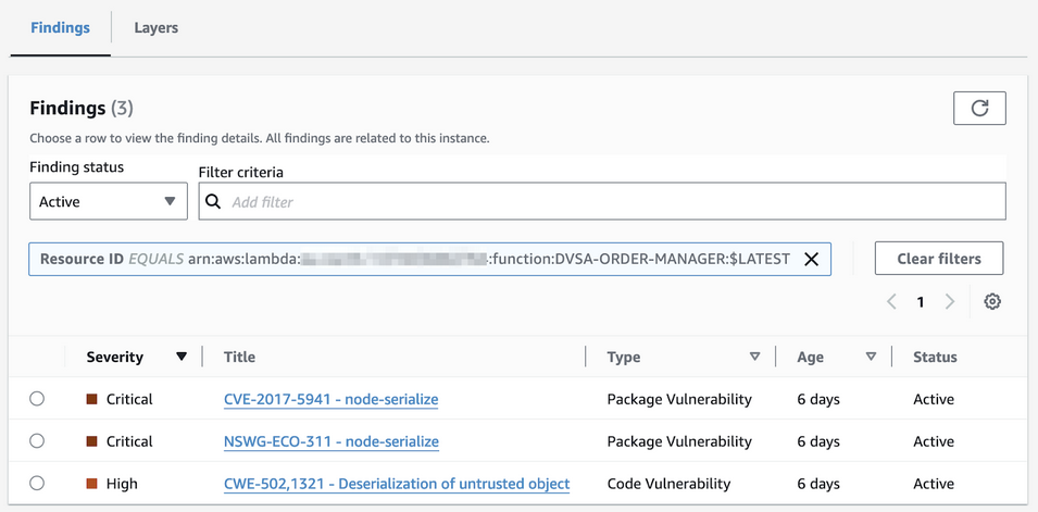 Amazon Inspector findings DVSA Order Manager Lambda