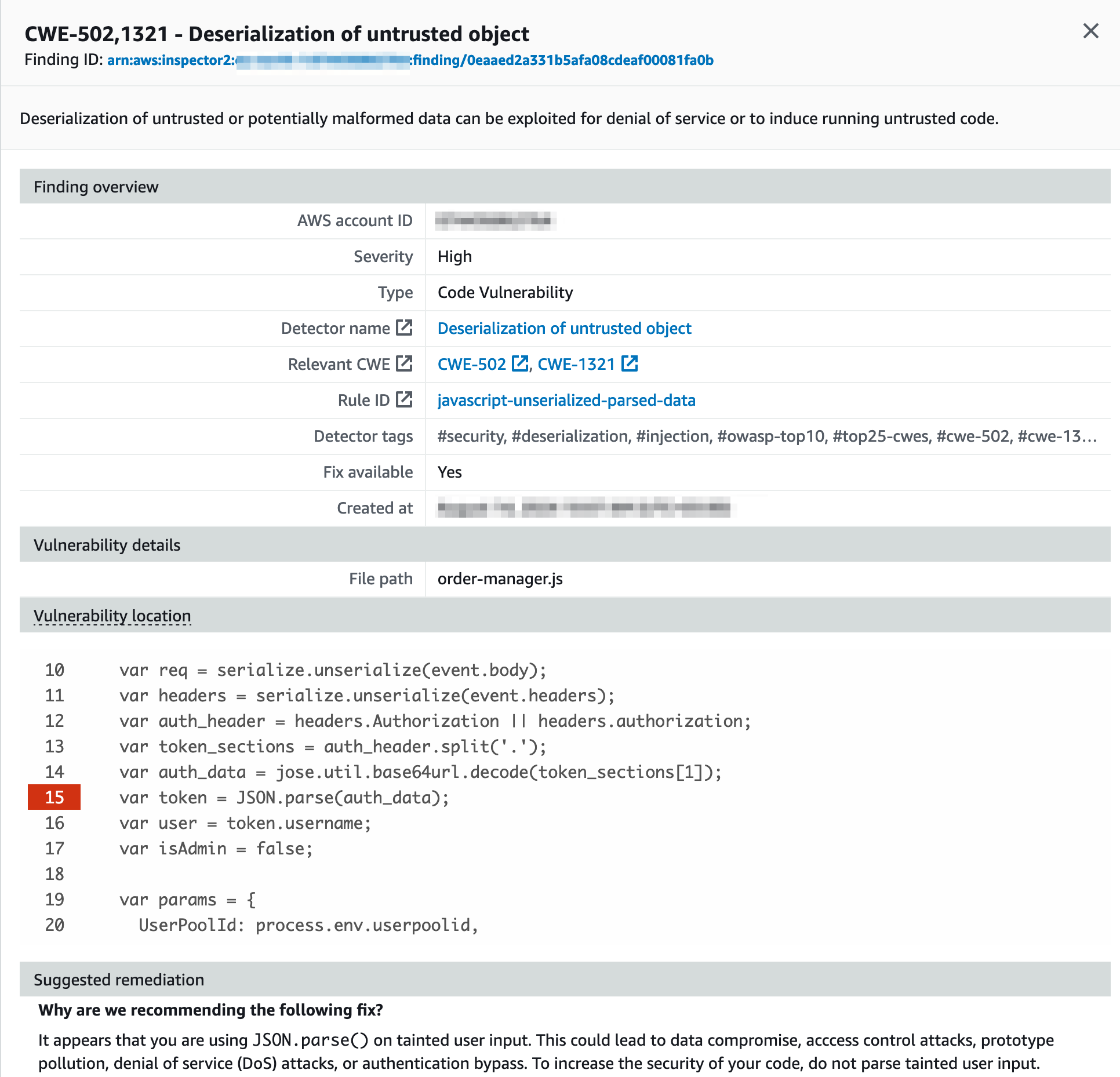 Amazon Inspector - finding report with suggested remediation